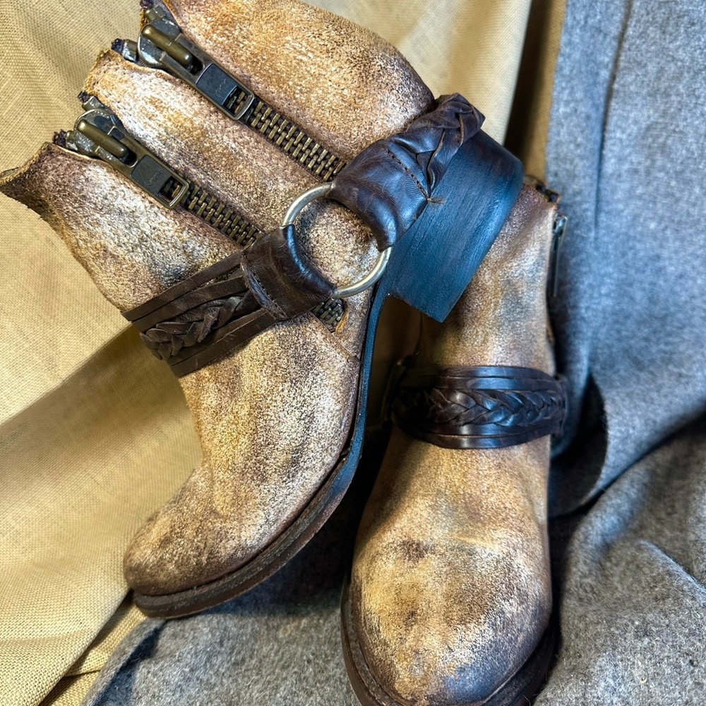 Freebies by Steven, “clash” distressed leather ankle boots. W 9, $185